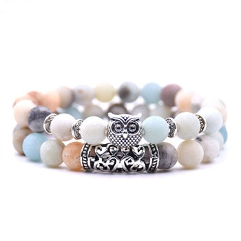 Image of 8mm Owl Stone Bracelet Sets Charms Friendship Bracelets & Bangles in 16 Colors different colors of 2Pcs/sets