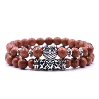 Image of 8mm Owl Stone Bracelet Sets Charms Friendship Bracelets & Bangles in 16 Colors different colors of 2Pcs/sets