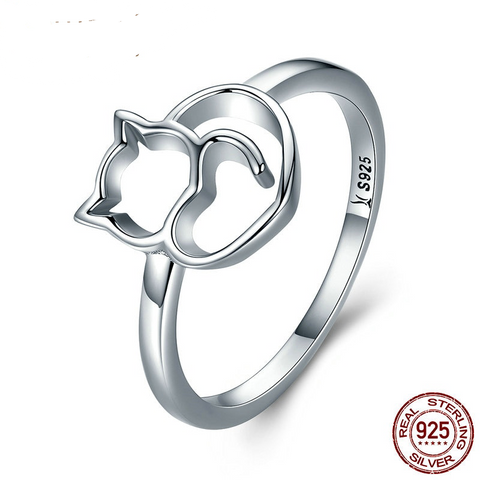 100% 925 Sterling Silver Little Cat & Heart Ring
