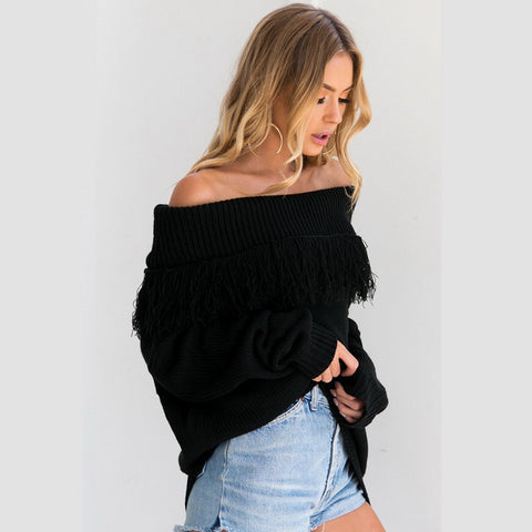 Image of Tassel Sweater Long sleeve Pullovers Loose Knitted Sweater Slash Neck Sexy Off Shoulder Tops