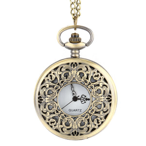 Vintage Steampunk Hollow Flower Quartz Pocket Watch Necklace Pendant Chain