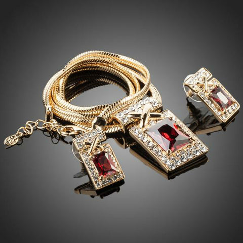 Image of Gold Color Unique Design with Dark Red Cubic Zirconia Earrings and Necklace Jewelry Sets