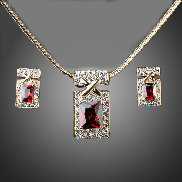 Gold Color Unique Design with Dark Red Cubic Zirconia Earrings and Necklace Jewelry Sets
