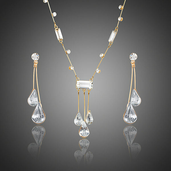 Elegant Gold Color Stellux Austrian Crystal Water Drop Earrings and Pendant Necklace Jewelry for Wedding ,New Years Eve, Evening Gown