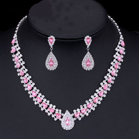 Image of Crystal African Wedding Jewelry Sets Pink/Silver Color Teardrop Beads Bridal Choker Necklace Earrings