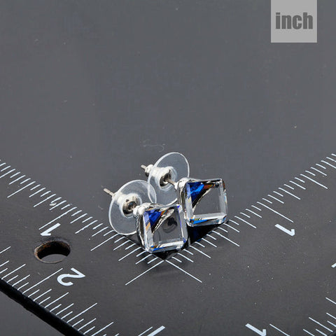 Image of White Gold Color Stellux Austrian Crystal Blue Cube Stud Earring