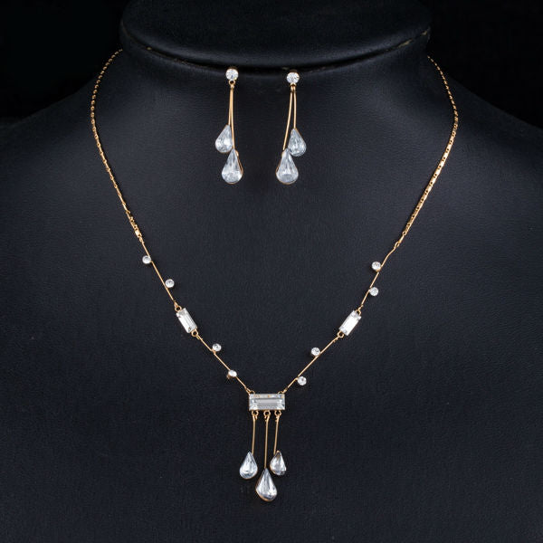 Elegant Gold Color Stellux Austrian Crystal Water Drop Earrings and Pendant Necklace Jewelry for Wedding ,New Years Eve, Evening Gown