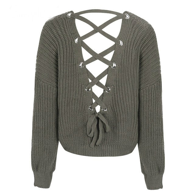 Sexy backless knit pullover lace up sweater women