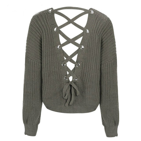 Image of Sexy backless knit pullover lace up sweater women