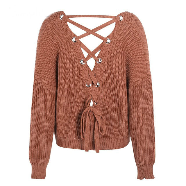 Sexy backless knit pullover lace up sweater women