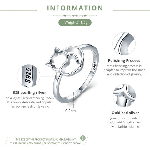 100% 925 Sterling Silver Little Cat & Heart Ring