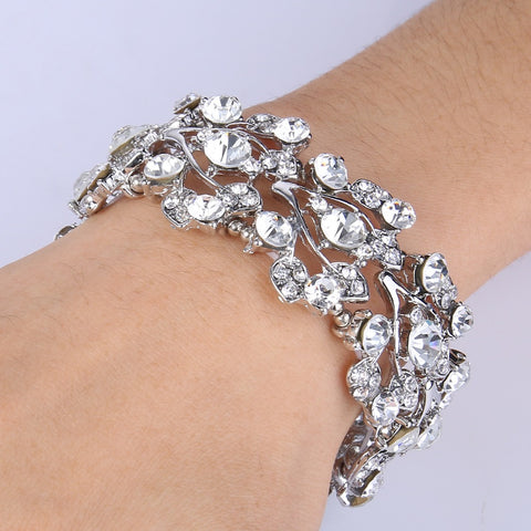 Image of Silver Plated Multi-Leaf  Clear Austrian Crystal Bracelet