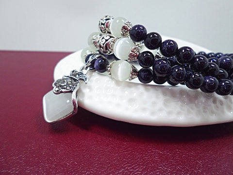 Blue Sandstone &  Opal Beaded Bracelet with Purple Pendant Vintage Style Jewelry