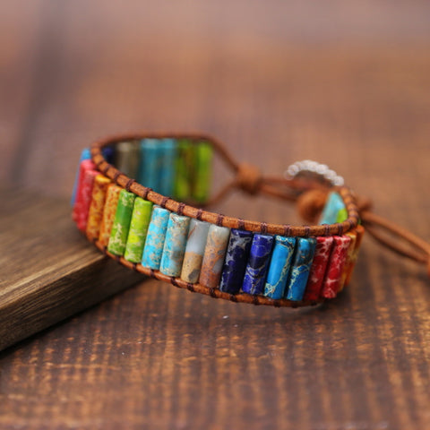 Image of Chakra Bracelet Jewelry Handmade Multi Color Natural Stone Tube Beads Leather Wrap Couples Bracelets Creative Hologram Bracelets