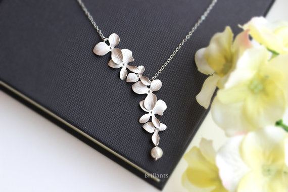 Chandler Orchid Flower Necklace Long Blossom Simulated Pearl Long Chai –  Clutch Envy