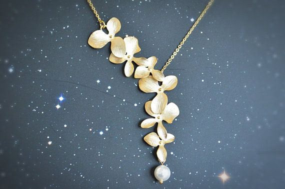 Chandler Orchid Flower Necklace Long Blossom Simulated Pearl Long