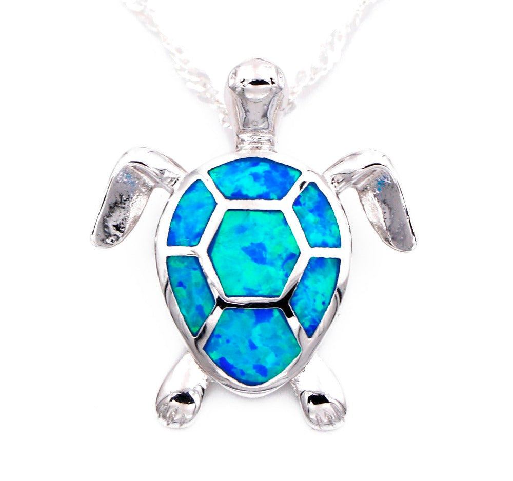 Sea Turtle in blue fire opal pendant necklace