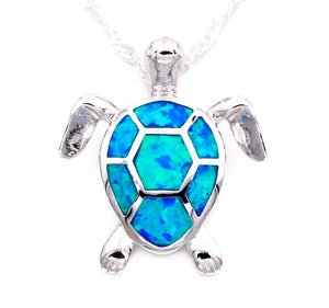 Sea Turtle in blue fire opal pendant necklace