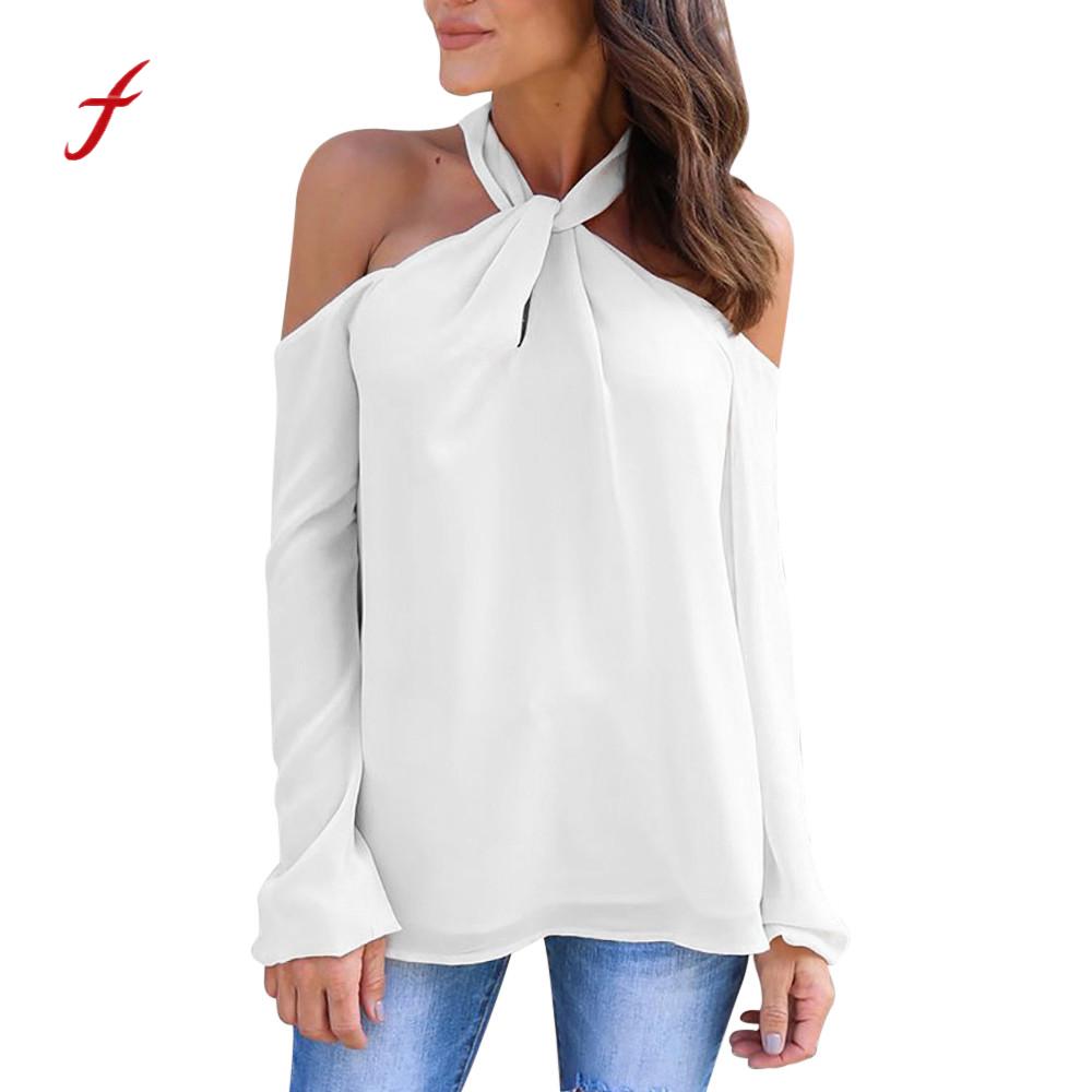 Long Sleeve Twisted Halter T Shirt  Low Cut Sexy Off Shoulder shirt