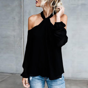 Long Sleeve Twisted Halter T Shirt  Low Cut Sexy Off Shoulder shirt