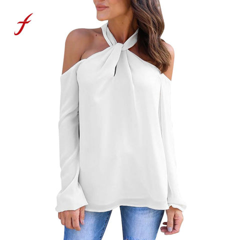 Image of Long Sleeve Twisted Halter T Shirt  Low Cut Sexy Off Shoulder shirt