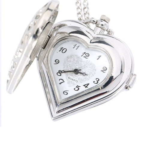 Image of Fashion Silver Hollow Quartz Heart Shaped Pocket Watch Necklace Pendant Chain Clock Women Gift High Quality LXH