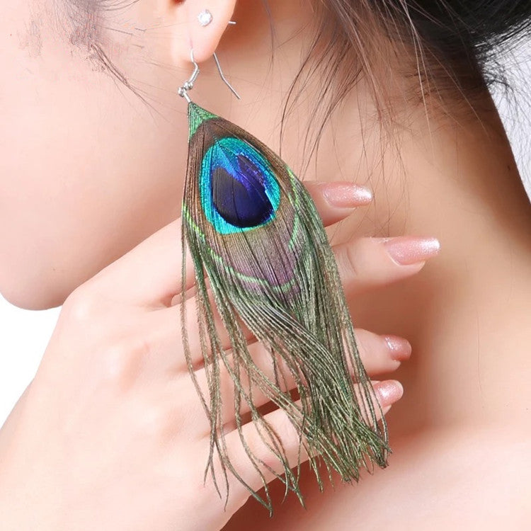 Natural Peacock Feather Drop Earrings
