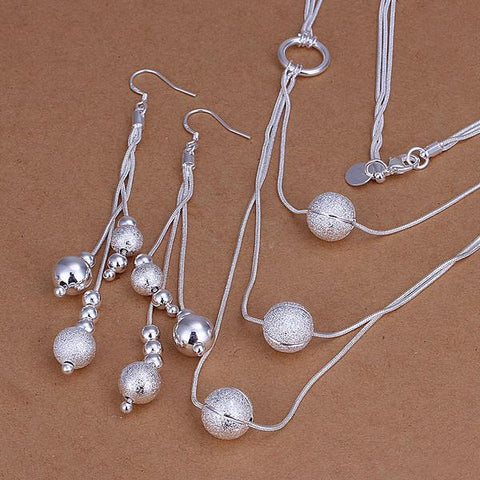 Image of High Quality 925 Jewelry Silver Color Necklace Earring Jewelry Set Elegant Scrub Ball Pendant Multi Chain Necklaces Earrings