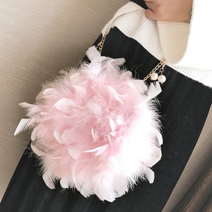 New Women Handbags Quality Soft Fluffy Plush & Feathers Elegant Ladies Chain Round Shoulder bag