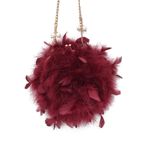 Image of New Women Handbags Quality Soft Fluffy Plush & Feathers Elegant Ladies Chain Round Shoulder bag