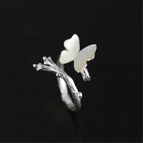 Image of Lotus Real 925 Sterling Silver Natural Original  Cute Butterfly on Branch Female Rings Bijoux