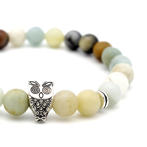 Image of Antique Silver Animal Owl Head Bracelets Amazonite Stone Beads Bracelets