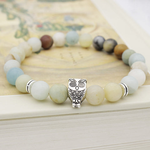 Image of Antique Silver Animal Owl Head Bracelets Amazonite Stone Beads Bracelets