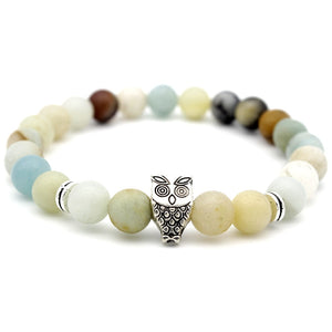Antique Silver Animal Owl Head Bracelets Amazonite Stone Beads Bracelets