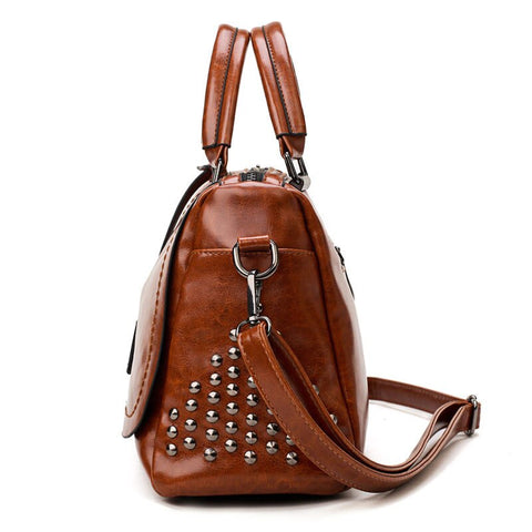 Image of Large Capacity Brand Oil Wax Leather Rivet Boston Bag High Quality Female Cross-body Tote Shoulder Bag|Shoulder Bags