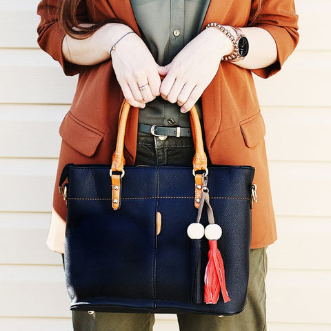 Image of Tassel Tote Bag Women Soft Leather Ladies Handbag Crossbody Messenger Bag