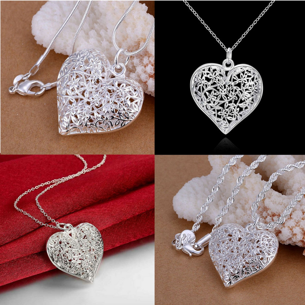 Sand Flower heart Bundle pendant 1mm 18" snake/2mm 20" twist rope necklace chain, bracelet and earrings