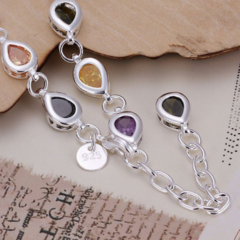 Silver Plated bracelet 925 Silver bracelet colorful Tear-Drop Channel set rhinestone Bracelet~ Free Shipping