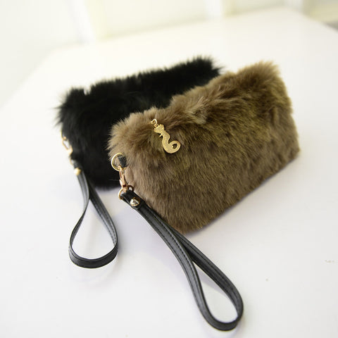 Image of Faux Fur Handbag Plush Wristlet  Clutch for women