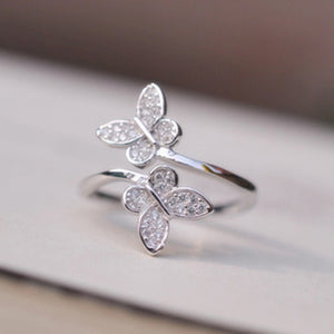Silver Plated Butterfly Rhinestone Adjustable ring