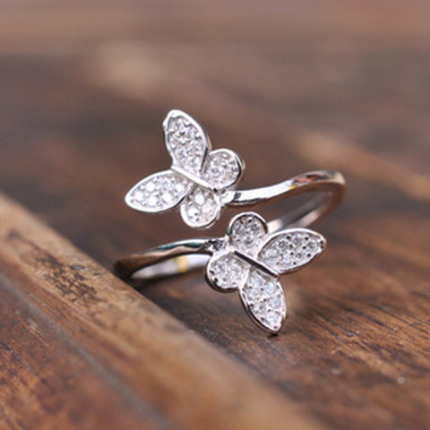 Image of Silver Plated Butterfly Rhinestone Adjustable ring