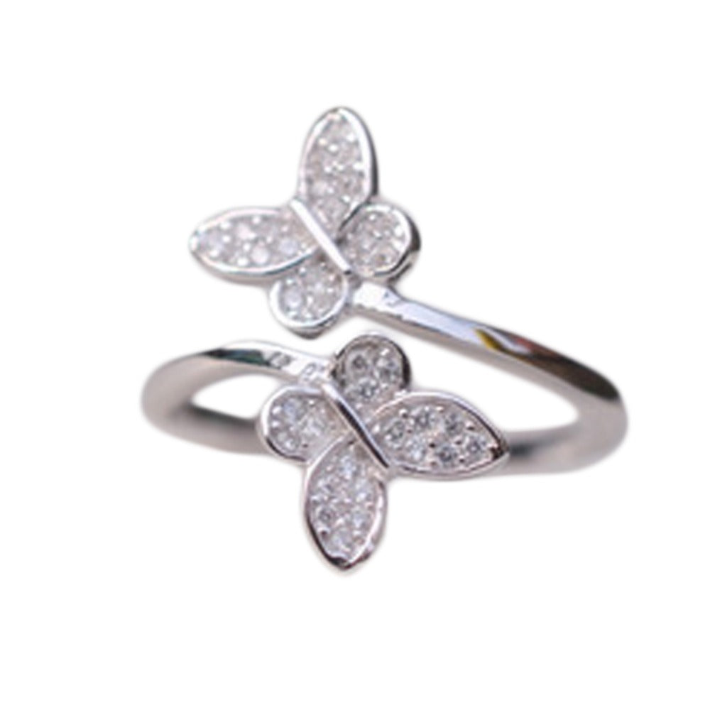 Silver Plated Butterfly Rhinestone Adjustable ring
