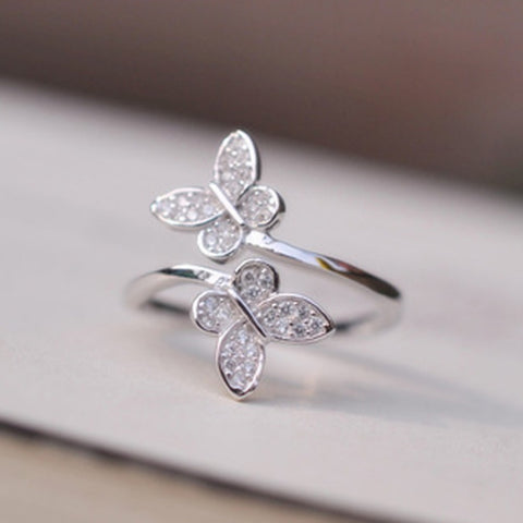 Image of Silver Plated Butterfly Rhinestone Adjustable ring
