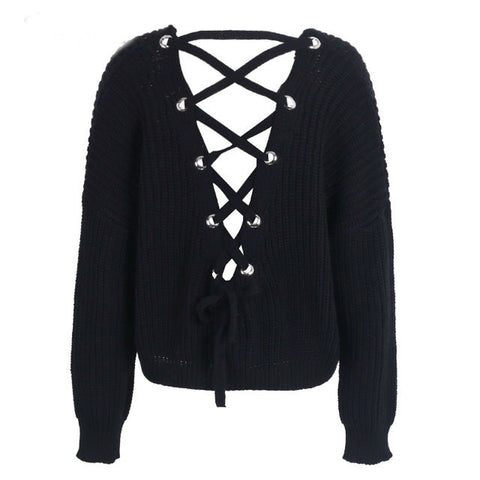 Image of Sexy backless knit pullover lace up sweater women
