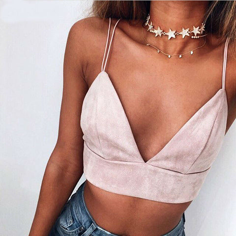 Image of Ultra Suede Camisole Bralette Crop Top Sexy Pink Strappy Suede Cami Camisole Women Tops
