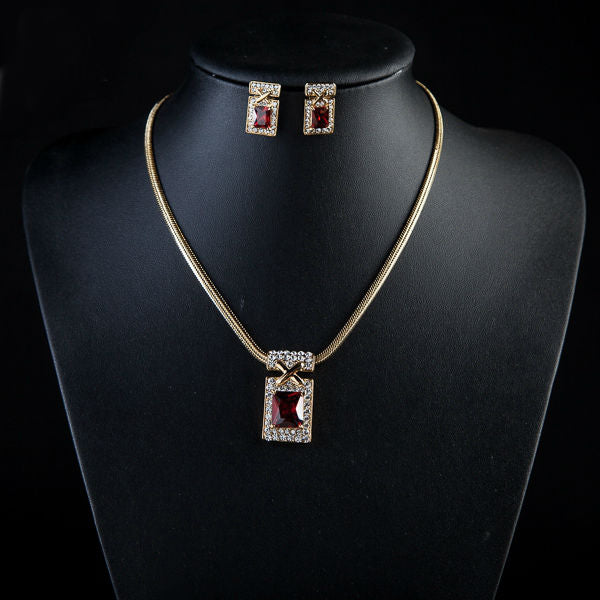 Gold Color Unique Design with Dark Red Cubic Zirconia Earrings and Necklace Jewelry Sets