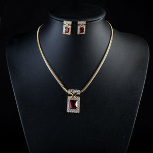 Gold Color Unique Design with Dark Red Cubic Zirconia Earrings and Necklace Jewelry Sets