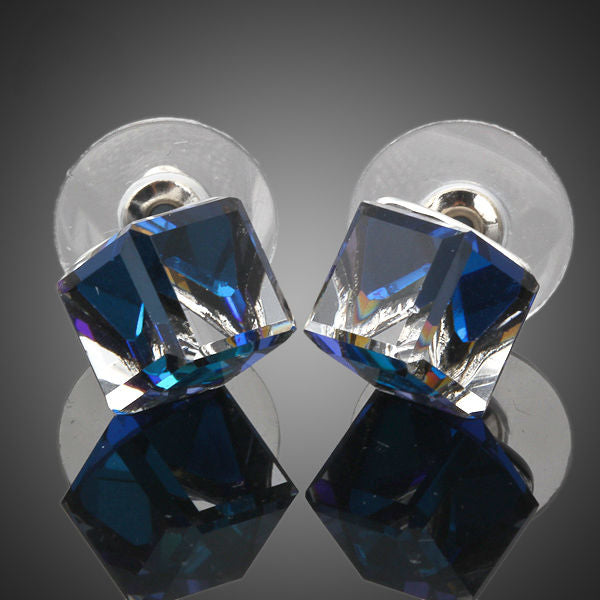 White Gold Color Stellux Austrian Crystal Blue Cube Stud Earring