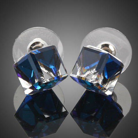 Image of White Gold Color Stellux Austrian Crystal Blue Cube Stud Earring