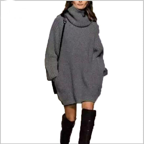 Image of Highneck Long Sleeve Knit Sweater Dresses Loose with Pockets Warm Winter Dresses